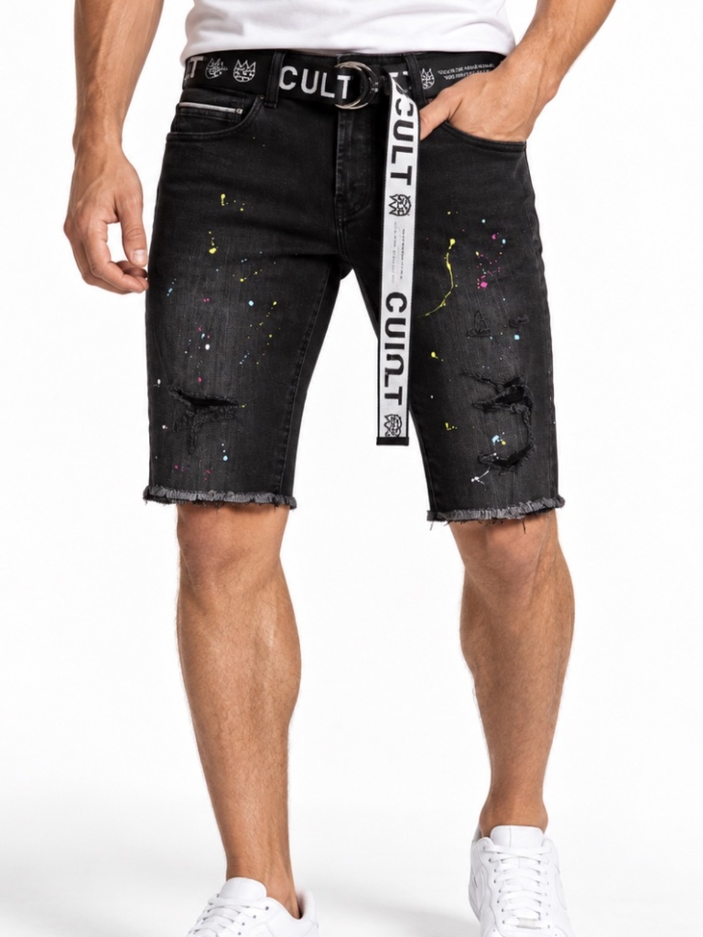 Cult Of Individuality -  Rocker Belted Paint Splatter Denim Shorts